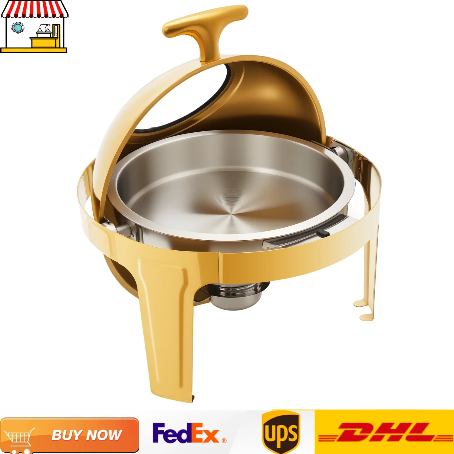 

6L Roll Top Chafing Dish Buffet Chafer| Gold Stainless Steel Catering Warmer Server w/ Visible Lid | Round