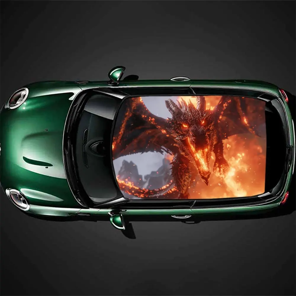 Red flame coiled around the Eastern dragon pattern car vinyl wraps, car roof graphic stickers, instantly ignite your driving pas