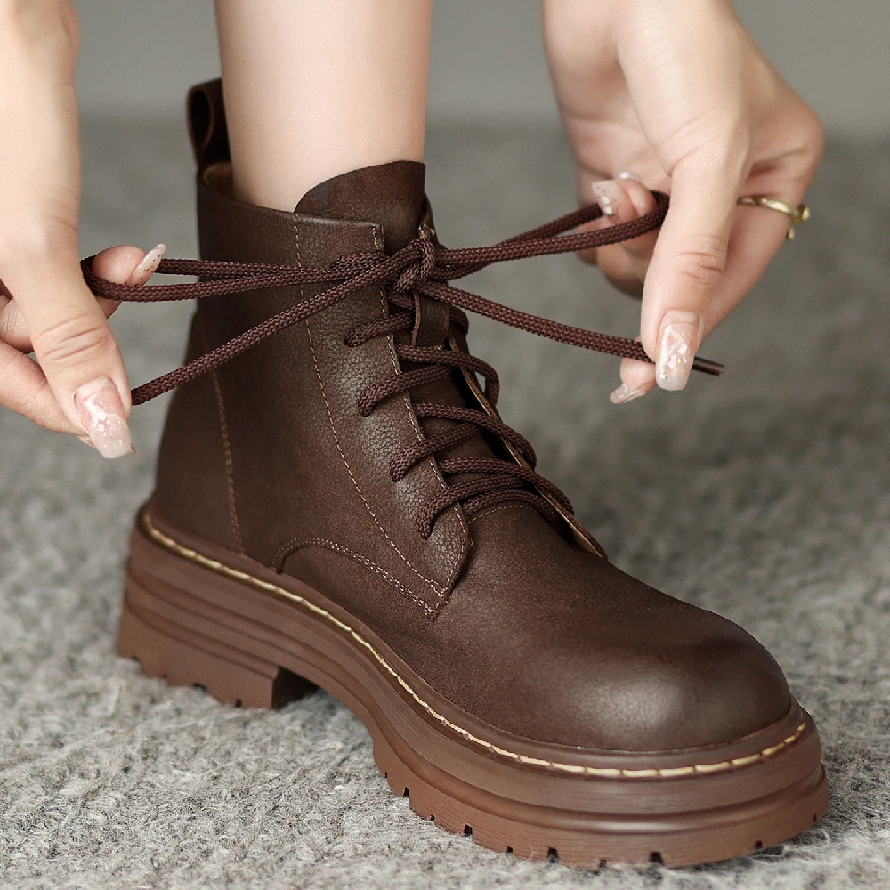 

Women's genuine leather thick sole platform flats autumn lace-up motorcycle boots punk female casual increase short boots shoes