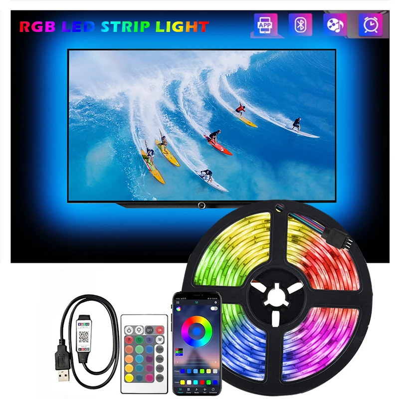 Bande Lumineuse LED RGB 5050 USB, Bluetooth, Contrôle par Application, 5V, Ruban Flexible à Diodes, pour Rétro-Éclairage de la Télévision et de la