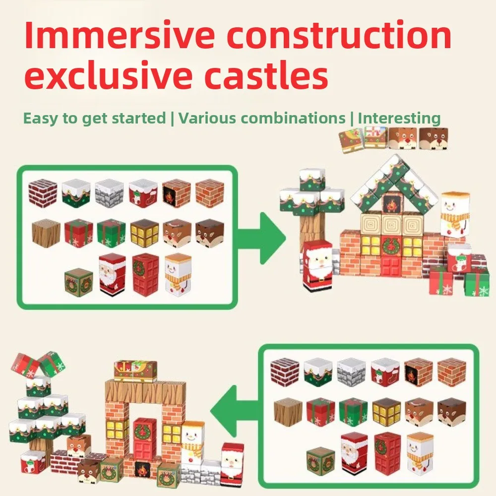 Blocs de Construction magnétiques joyeux noël, 45 pièces, jouets Cube magnétiques sûrs et durables avec boîte de rangement, ensemble de Construction éducative