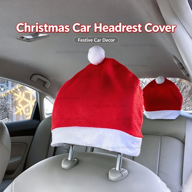 1-8PCS Santa Hat Car Seat Headrest Covers Christmas Car Interior Decoration Seat Protector Holiday Ornament