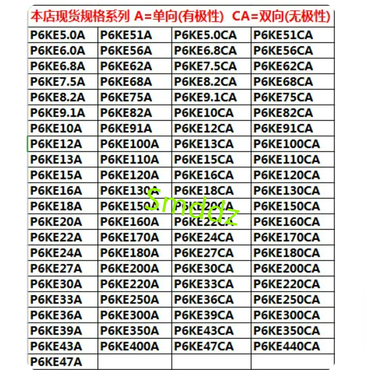 100 pieces, TVS transient suppression diode (Bidirectional) ,P6KE39CA / P6KE47CA / P6KE51CA  / P6KE56CA / P6KE62CA
