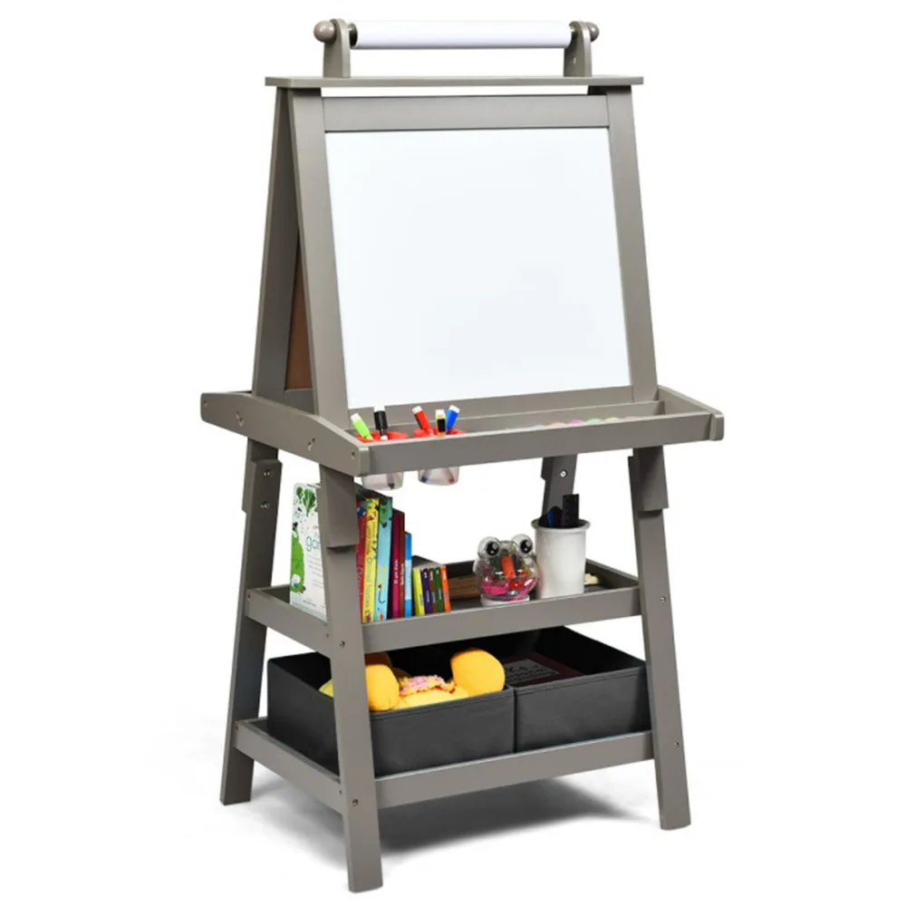 3-in-1 Double-Sided Storage Art Easel Gray Safe Material and Stable Structure Ample Storage Space Best Gift for Kids