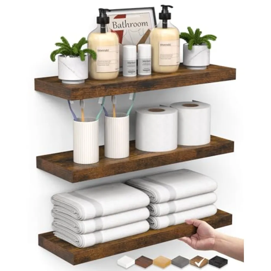 

Bathroom Floating Shelves for Wall Set of - Rustic Brown Farmhouse Wood Shelves Over Toilet for Bedroom, Kitchen, or Living Roo