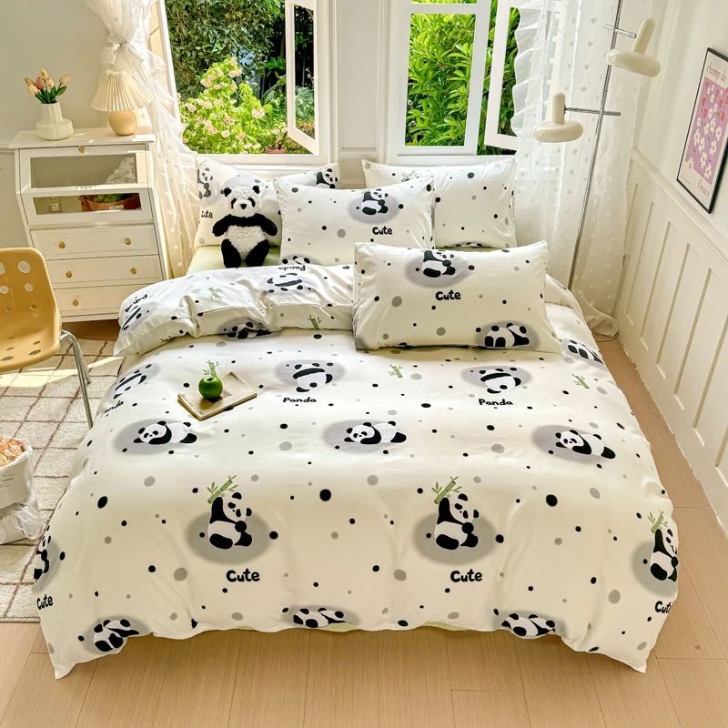 Cute Panda Reversible Duvet Cover with Pillowcase Simplicity Light Color Series Quilt Cover with Sheet Black Polka Dot Bedding