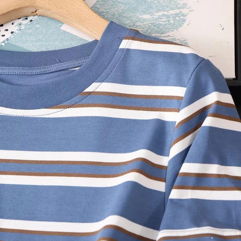 Nordic Summer New Casual Comfortable round Neck Short Sleeve Color Block Striped Loose Top Women's T-shirt Versatile Commute ...