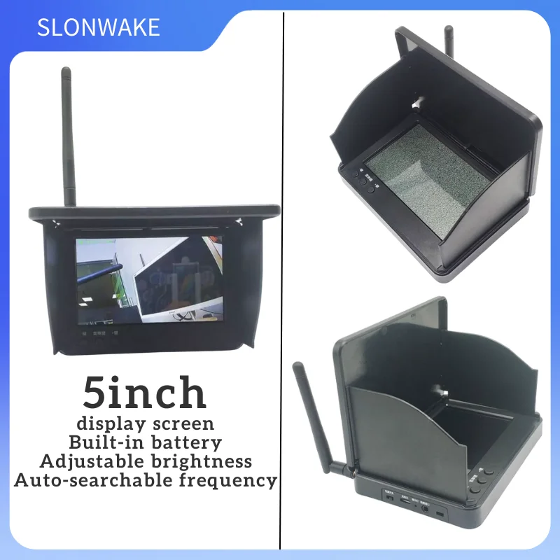 SLONWAKE 5W 5.8G 48CH FPV VTX Módulo transmissor Ventilador de resfriamento duplo Microfone embutido com câmera 1500TVL e display HD de 5 polegadas