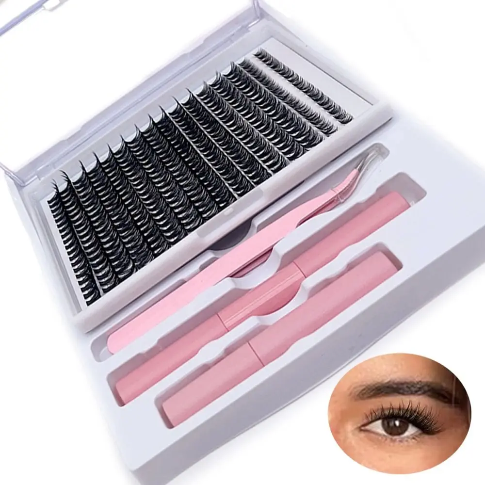 with Glue Cluster Lashes Kit Handmade Mixed Length DIY False Eyelashes Fluffy Self Application Individual Lashes at Home