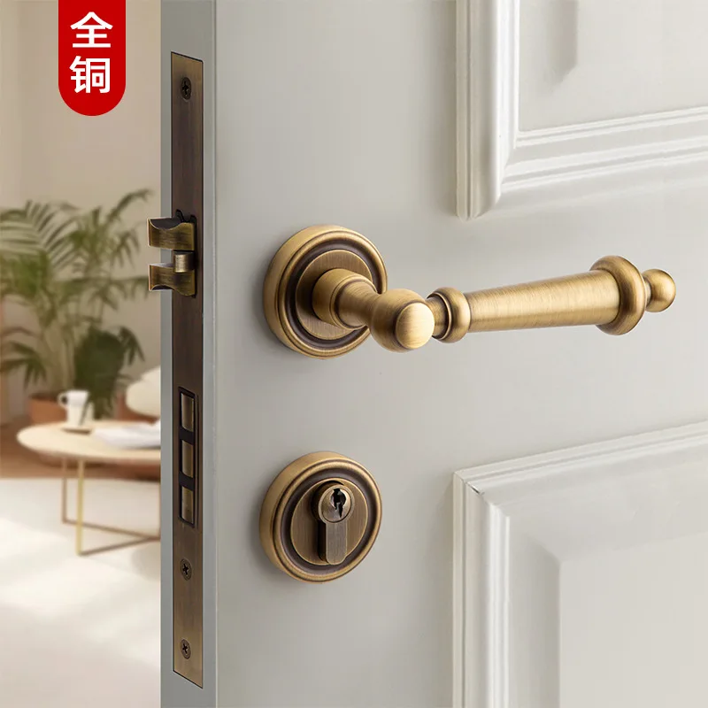 All Copper Silent French Door Lock Antique Bedroom Door Handle Pure Copper Double Door Huanggu Split Lock