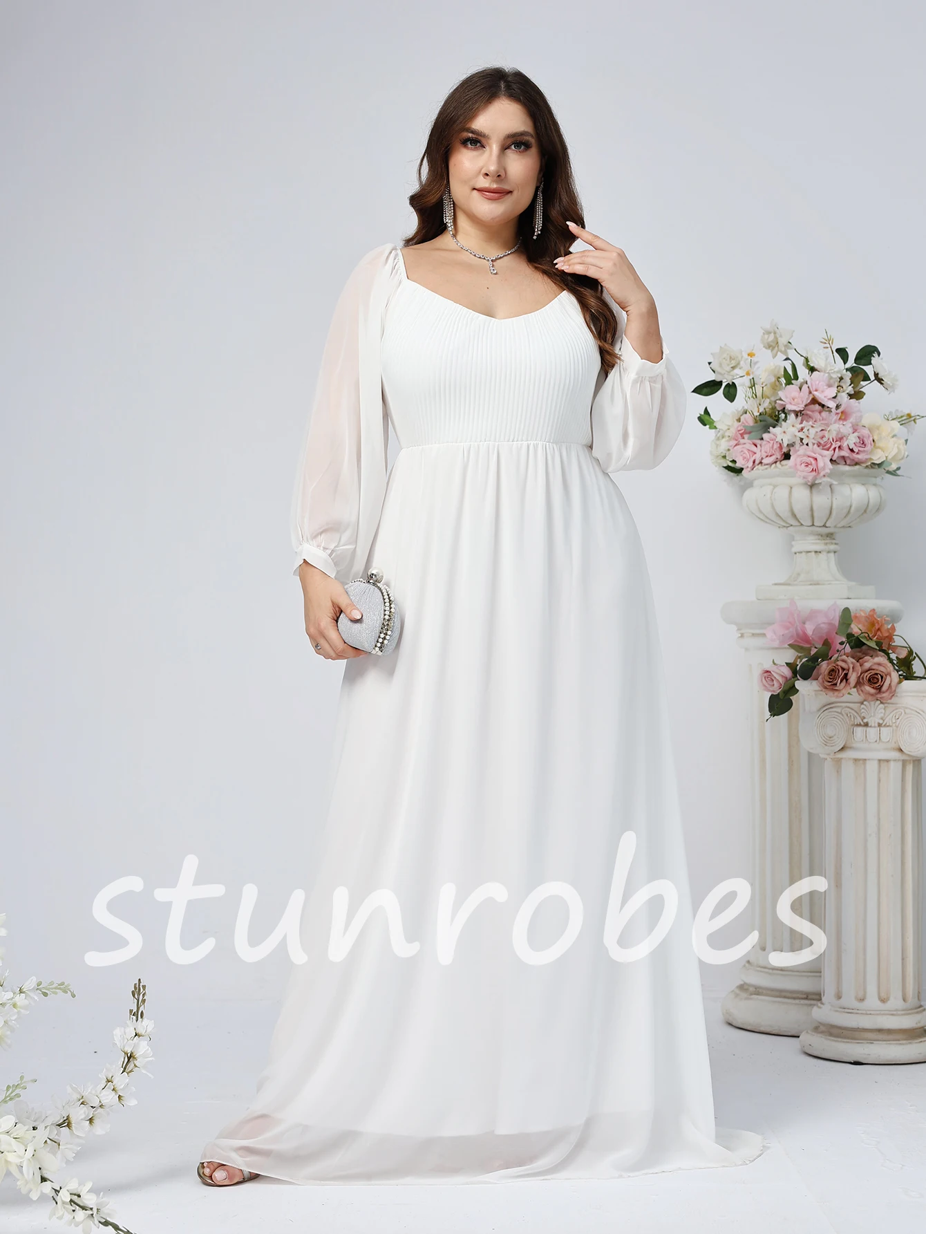 Robe de mariée blanche classique à manches longues, col carré, dos nu simple avec nœud, robe de mariée campagnarde