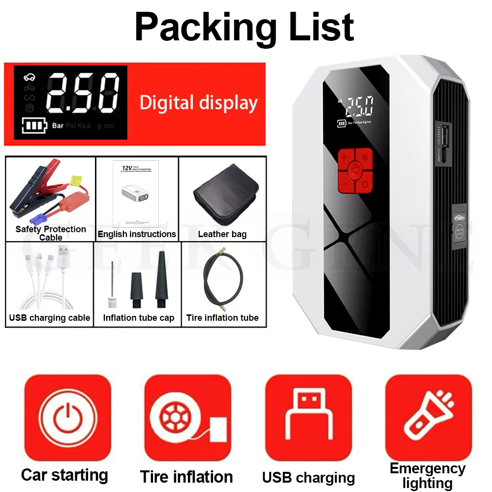 Démarreur de voiture pour diabétique avec compresseur d\'air, batterie externe portable, dispositif de démarrage, booster de chargeur de batterie
