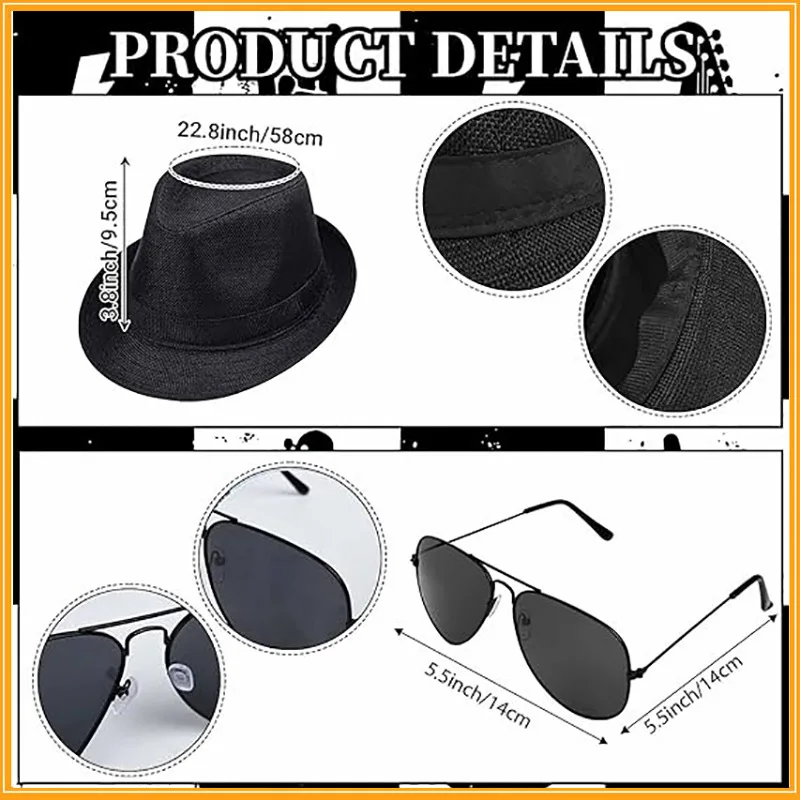 Accessori per costumi Pop King Jackson Cappello Fedora Occhiali da sole e microfono per la festa di cosplay di Halloween a tema Rocky anni '80