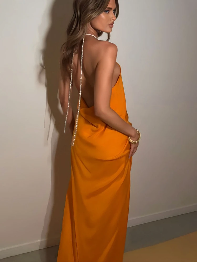 FDYOUI Abito lungo senza schienale con lacci sexy con scollo all'americana da donna 2025 Abiti da sera estivi senza maniche in raso con spacco alto Party Clubwear