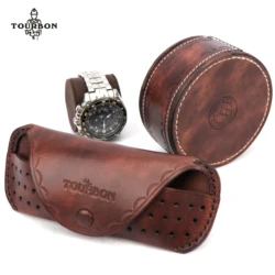 Tourbon Genuine Leather Eyeglasses Sunglasses Case Watch Storage Case Box Wristwatch Holding Pouch Men Women Heavy Duty Portable