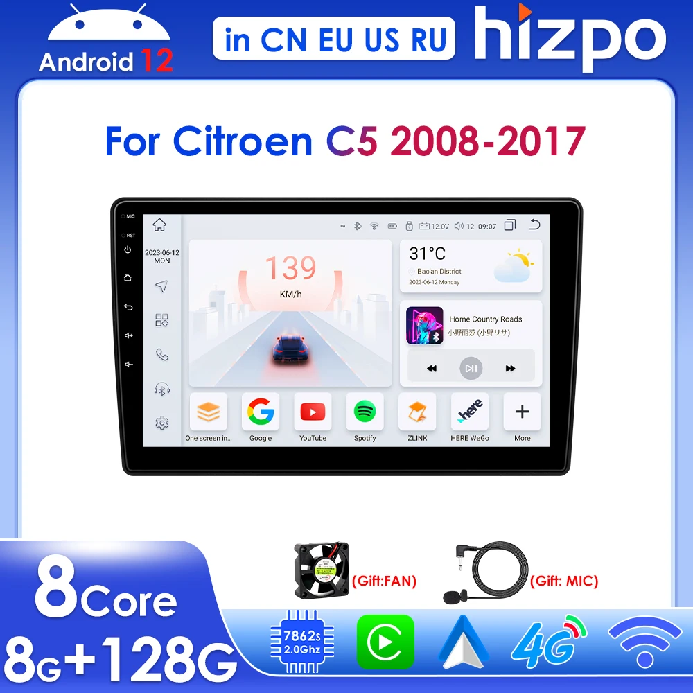 

Hizpo 10.1" Wireless Carplay Android 12 for Citroen C5 2008-2017 Multimedia Player Car Radio DSP 2 Din Stereo GPS RDS BT Navi 4G