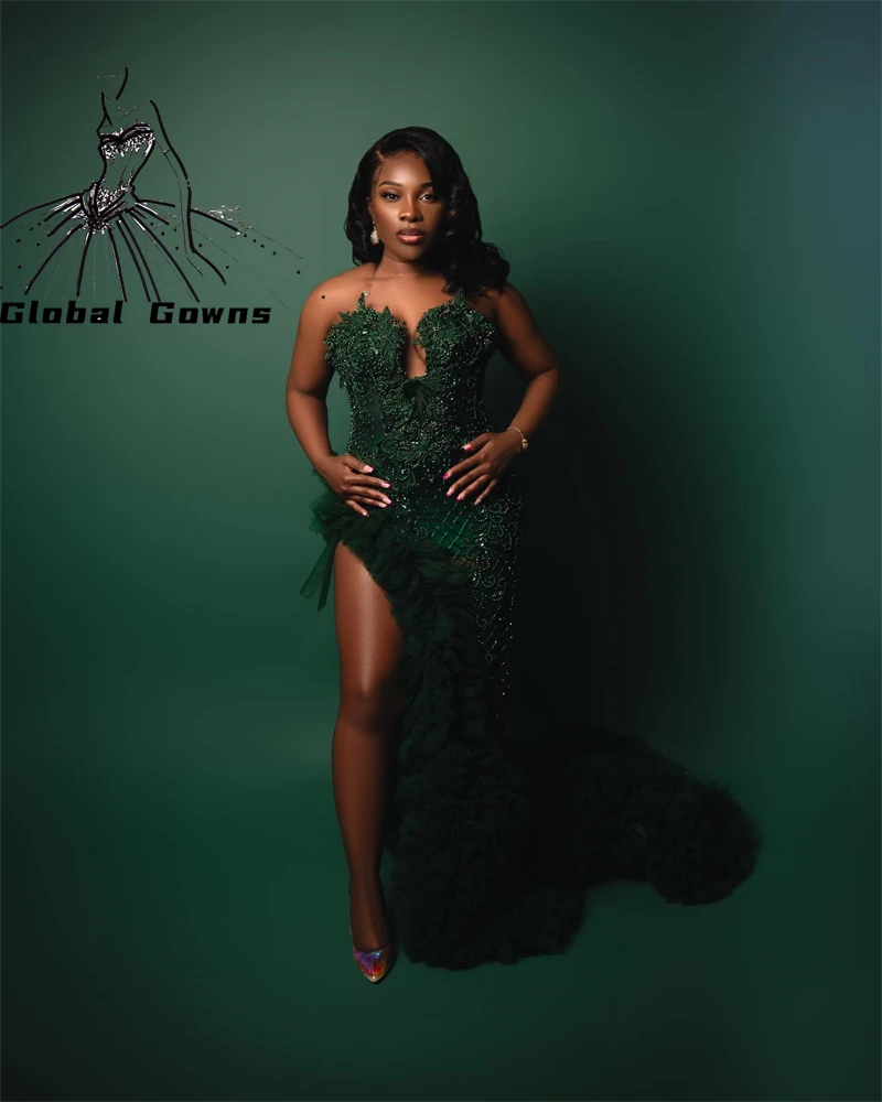 Aso Ebi Emerald Green Prom Dress For Black Girls 2025 Sequin Rhinestone Beaded High Slit Ruffles Wedding Party Gowns Customized