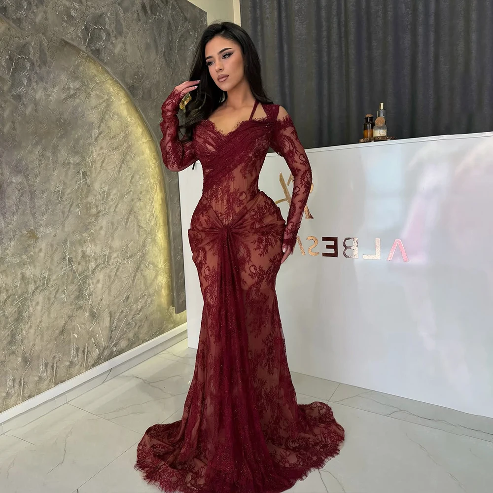 

Burgundy Off Shoulder Lace Evening Dresses Long Sleeve Mermaid Long Prom Dress Gala Wedding Guest Dinner Party Gown Customized