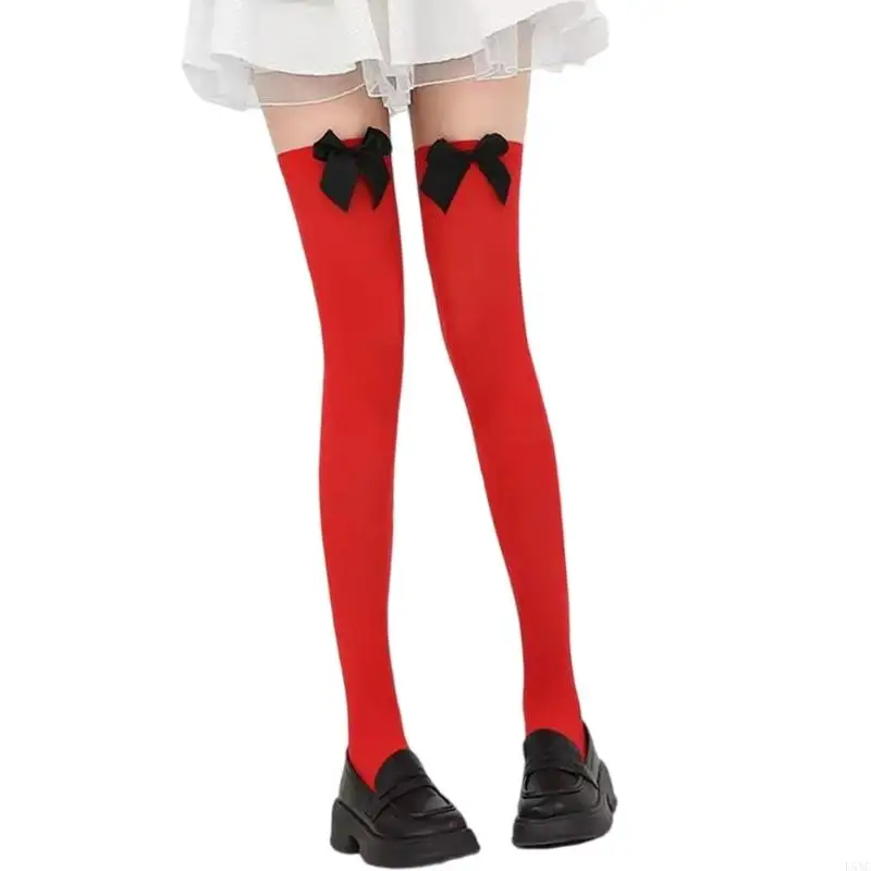 L5YC altas hasta muslo rojas para mujer con lazo, navideñas por encima rodilla, disfraces Halloween,