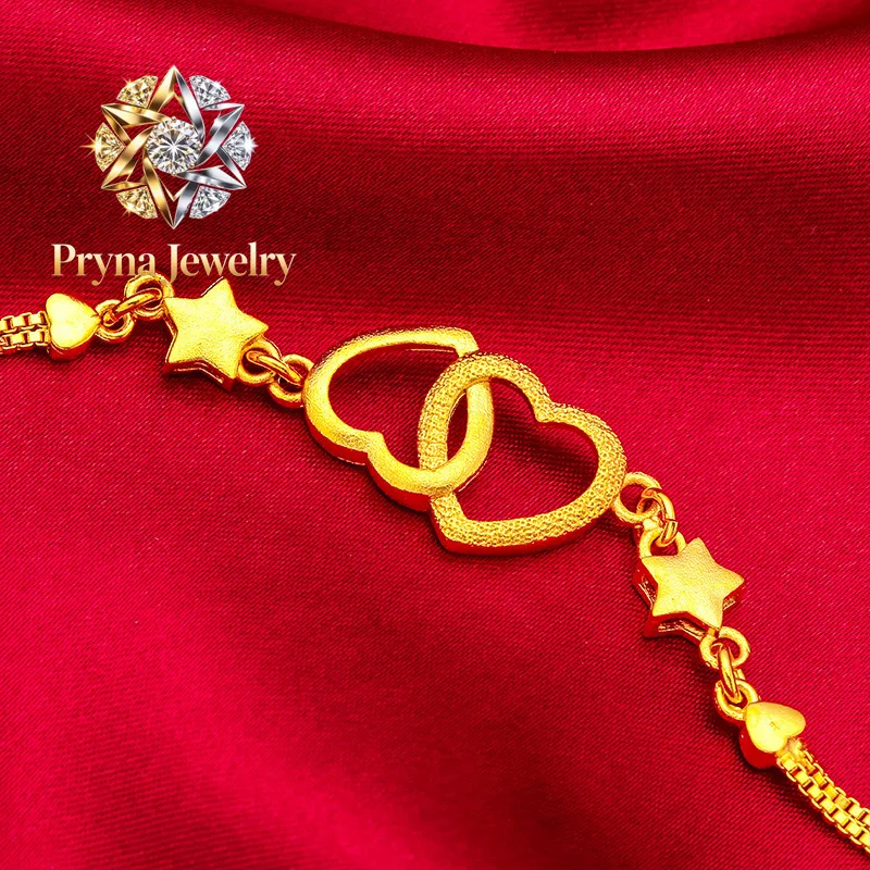 Pryna Jewelry  Double Heart Bracelet for Women, 24K Gold, AU999 Polished connected hearts with diamonds on delicate chain sweet