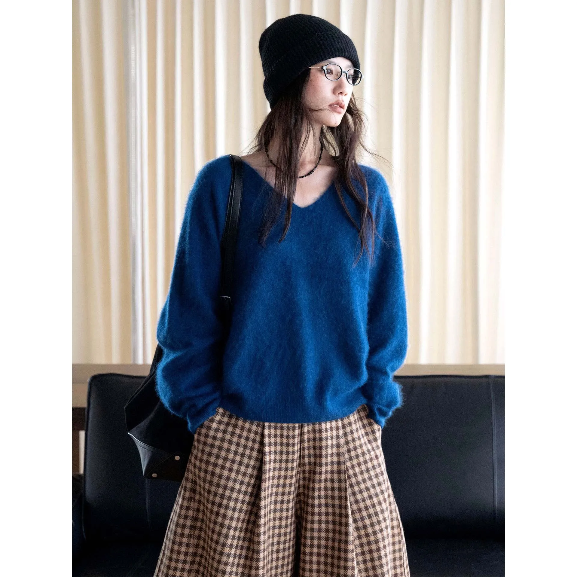 Women V-Neck Wool Slik Knit Long Sleeve Furry Sweater Autumn Fashion Pullovers Clothes Tops For Women Warm Pink Sweater