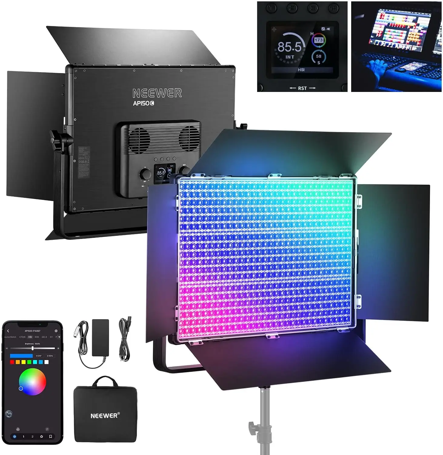 NEEWER 150W RGB LED-Videopanel-Lichtset mit Flügeln, 1800 LEDs, TIR-Linse, 42500 Lux@0,5m, 2500-10000K, CRI96+/TLCI97+, Dimmbar 0%-100%, APP-Steuerung/2.4G/Panel/DMX für Beleuchtung, AP150C