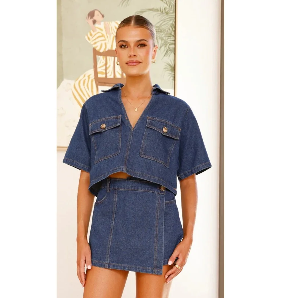 

Джинсовая юбка с неровным подолом, шорты, комплект, женские тонкие укороченные топы с короткими рукавами и v-образным вырезом, шорты с высокой талией