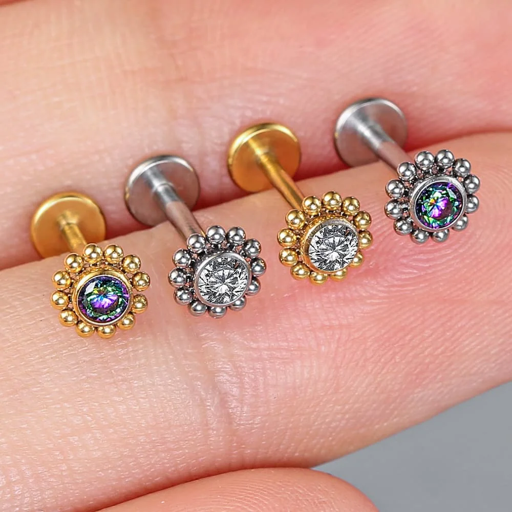 Casvort 1 Stück ASTM F136 Titan Runder Sonnenstrahl-Lippenring mit Innengewinde, flacher Rückseite, Labret, klare Regenbogen-Zirkonia-Knorpel-Ohrstecker – Detail 6