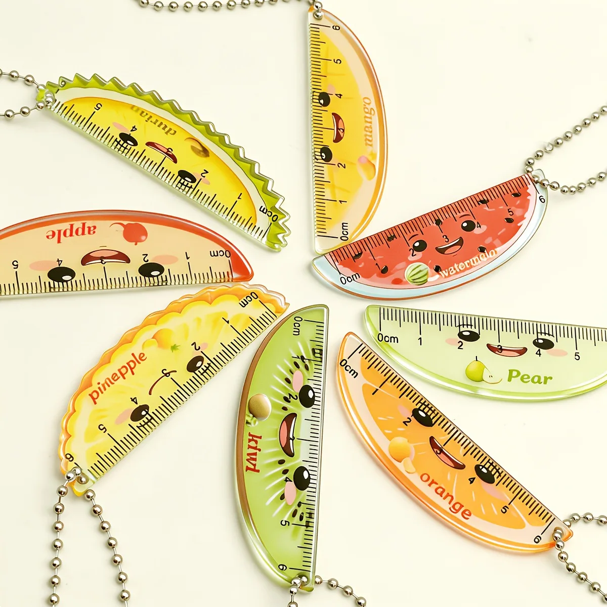 8pcs Cartoon fruit acrylic ruler pendant mini portable scale ruler keychain student cultural and creative gift set