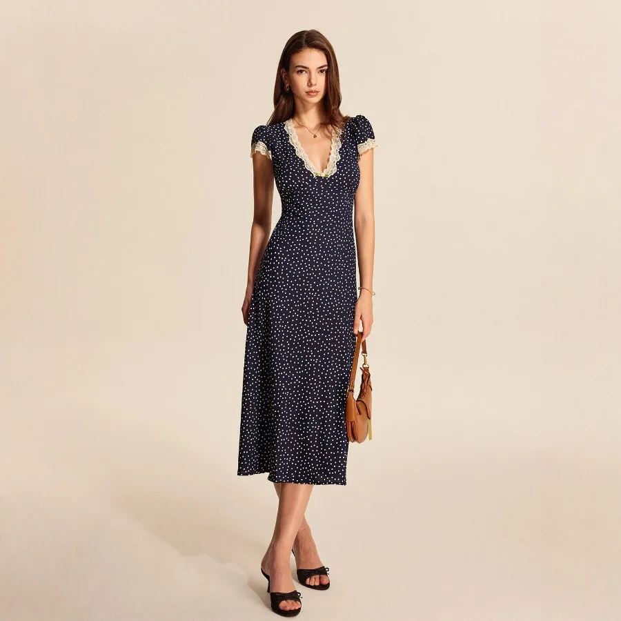 

【New style】Summer 2026 new style women's dress temperament lady elegant v-neck long dress lace splicing polka dot dress