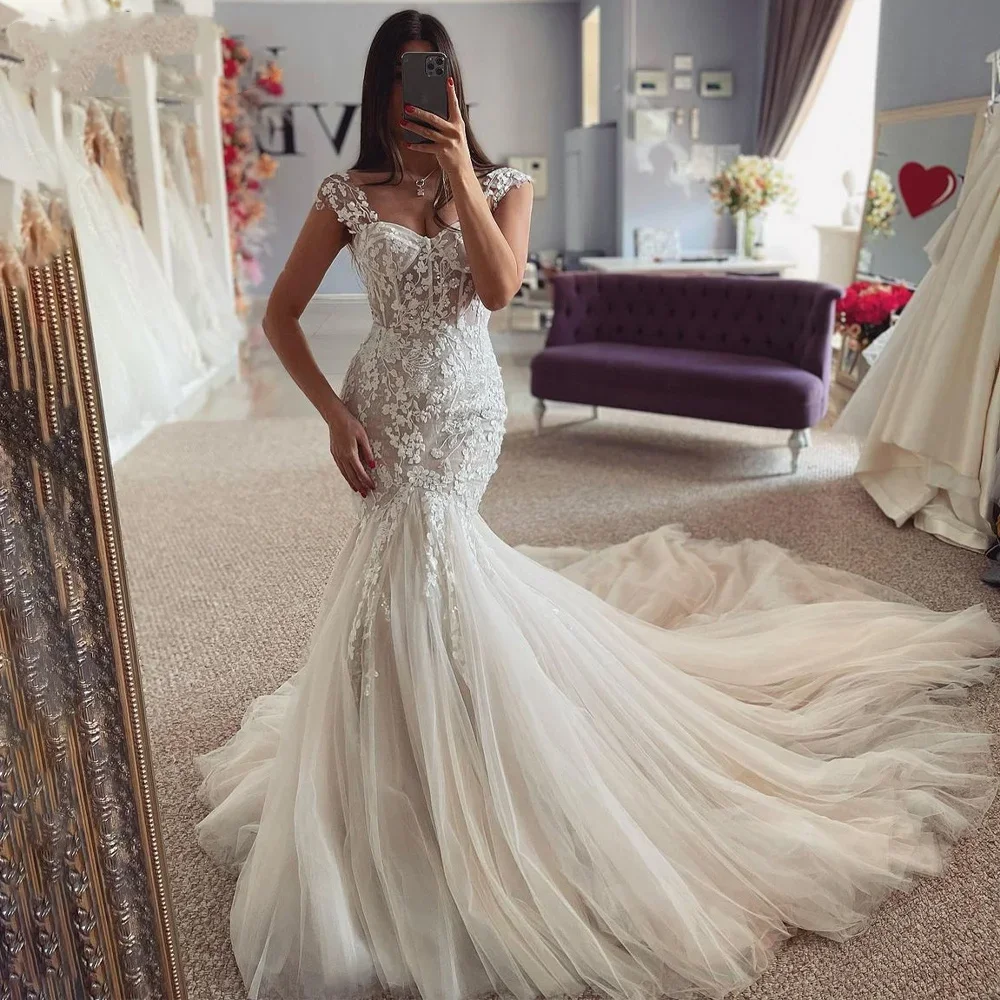 

Flavinke Customized Charming sixy Sleeveless Mermaid Wedding Dresses Cap Sleeves Lace Appliques Corset Pearls Draped Blossom