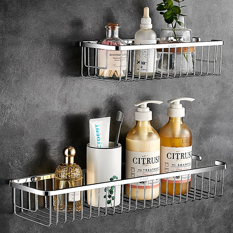 Stainless Steel Bathroom Basket Wall Mounted Square Porosity Anti-falling Shelves Perforated Installation Bathroom Accessories