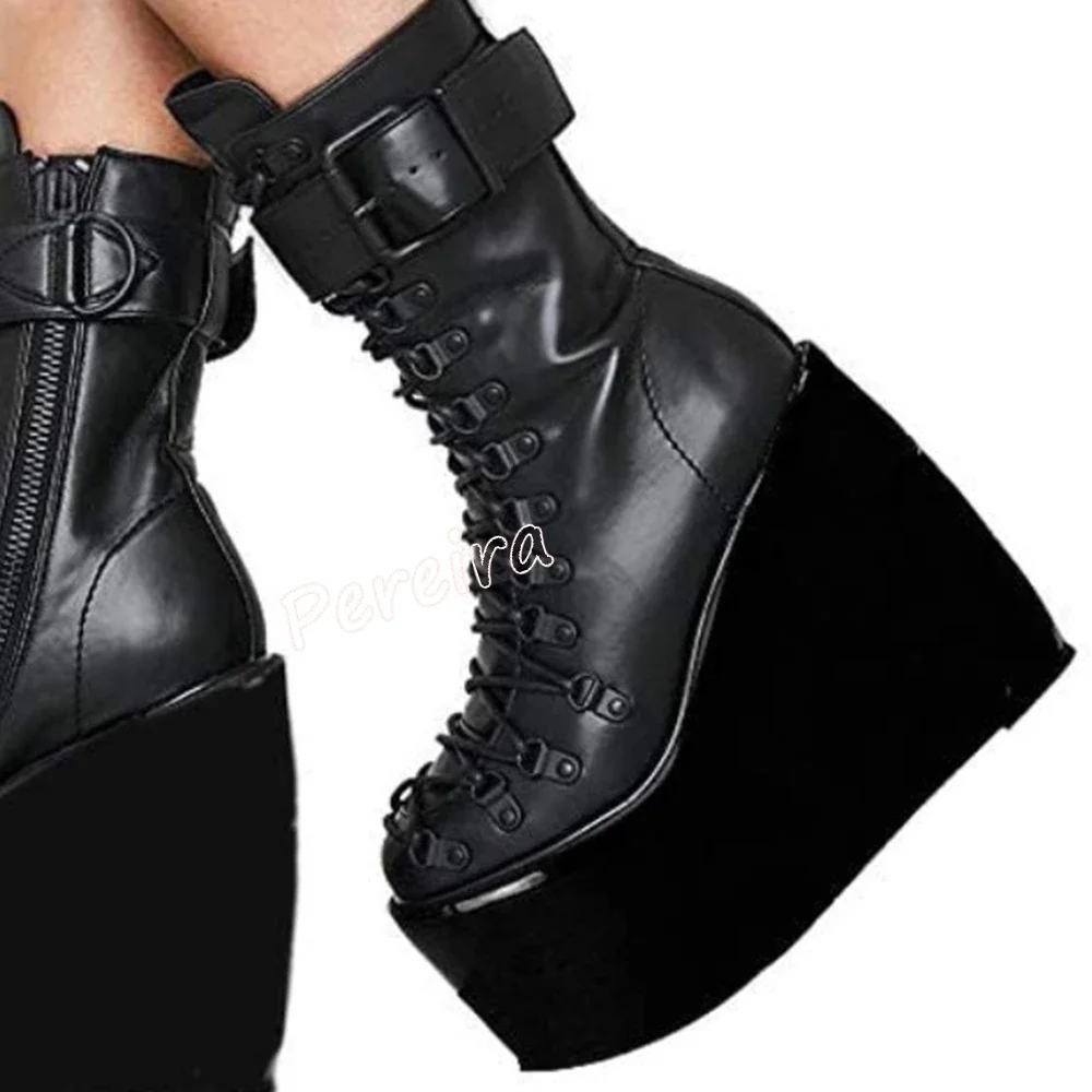 

Black Wedge Round Toe Mid-calf Boots Women's Free Shipping Solid Cross Strap Sexy Fashion Party Office Lady Shoes New Arrival