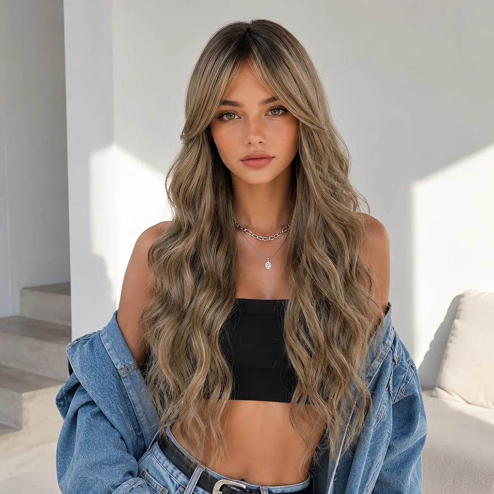 Women's 26-inch long large wavy wig with curtained bangs and mid-point design - glue-free heat-resistant synthetic hair, cosplay