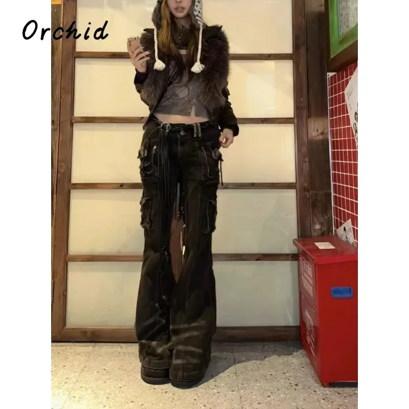 Kadın Kore Moda Tomboy Kot Grunge Japon Harajuku Gyaru Y2K Denim Kargo Pantolon Cyber Punk 2000 s Estetik Pantolon