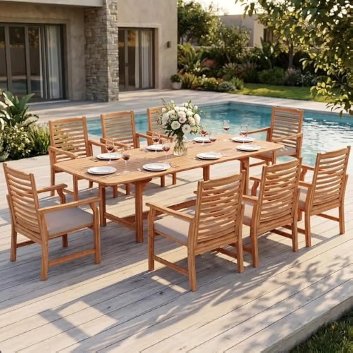 9-piece rustic acacia wood outdoor dining ensemble featuring expandable rectangular table with triple-length adjustment from 63