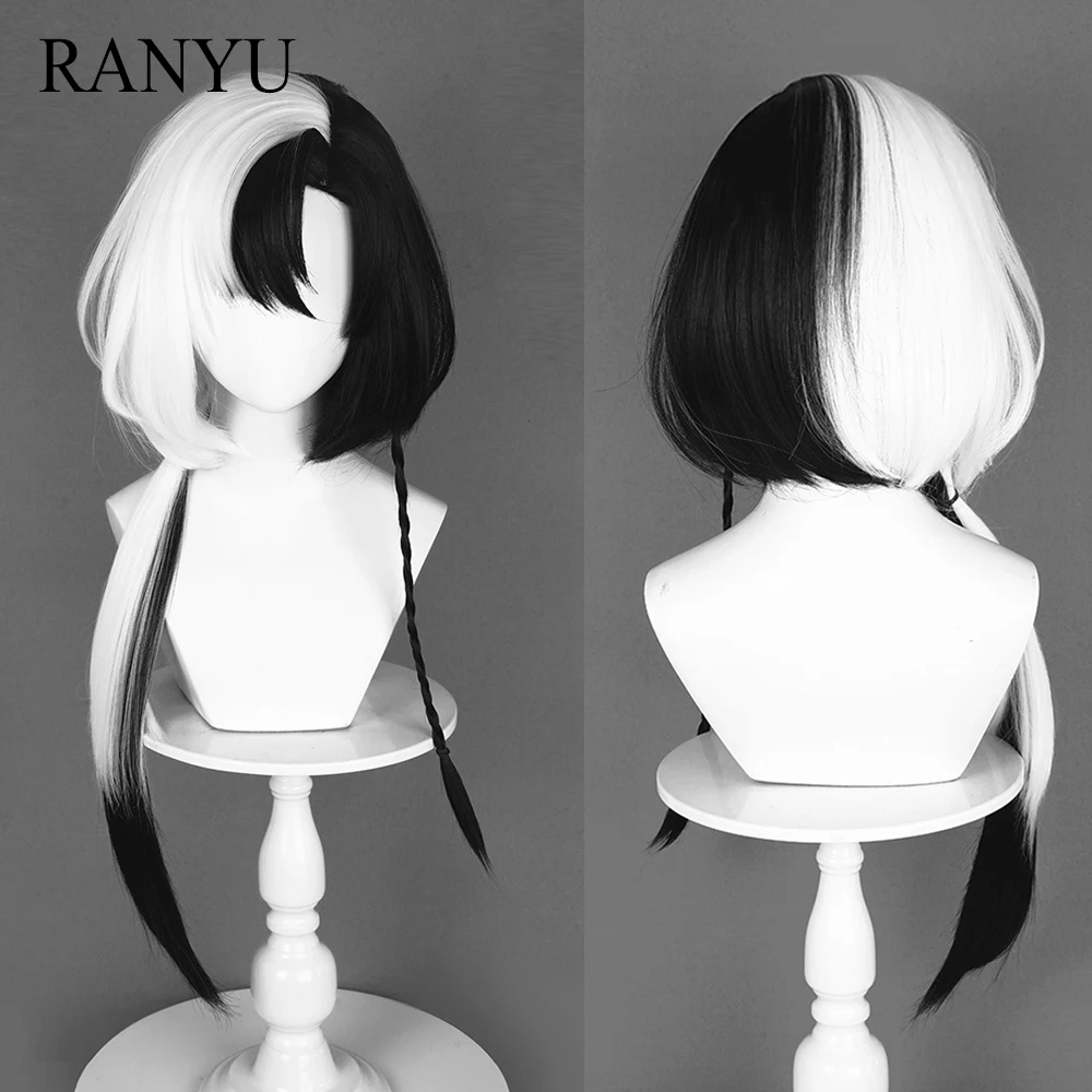 

Black White Anime Game Cosplay Synthetic Wigs with Bangs Long Straight Fluffy Wig Heat Resistant for Daily Party