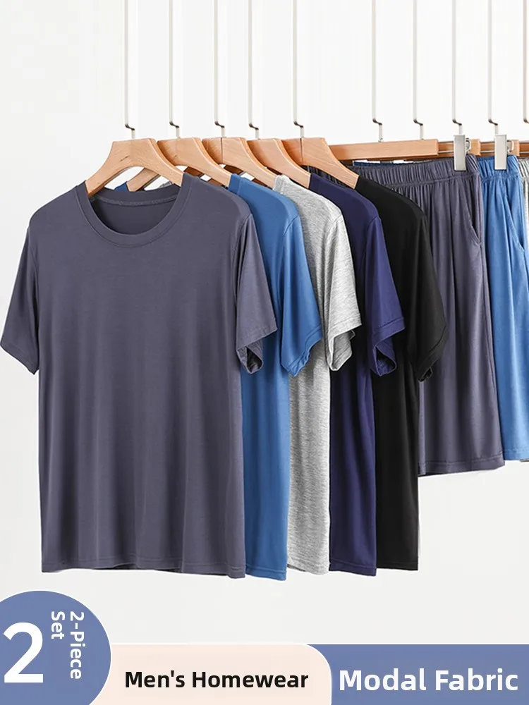 

Men's Modal Home Clothes Loose Summer Large Size Short Sleeve Thin Sleepwear Pants Outdoor Wearable Sport Suit with Pocket