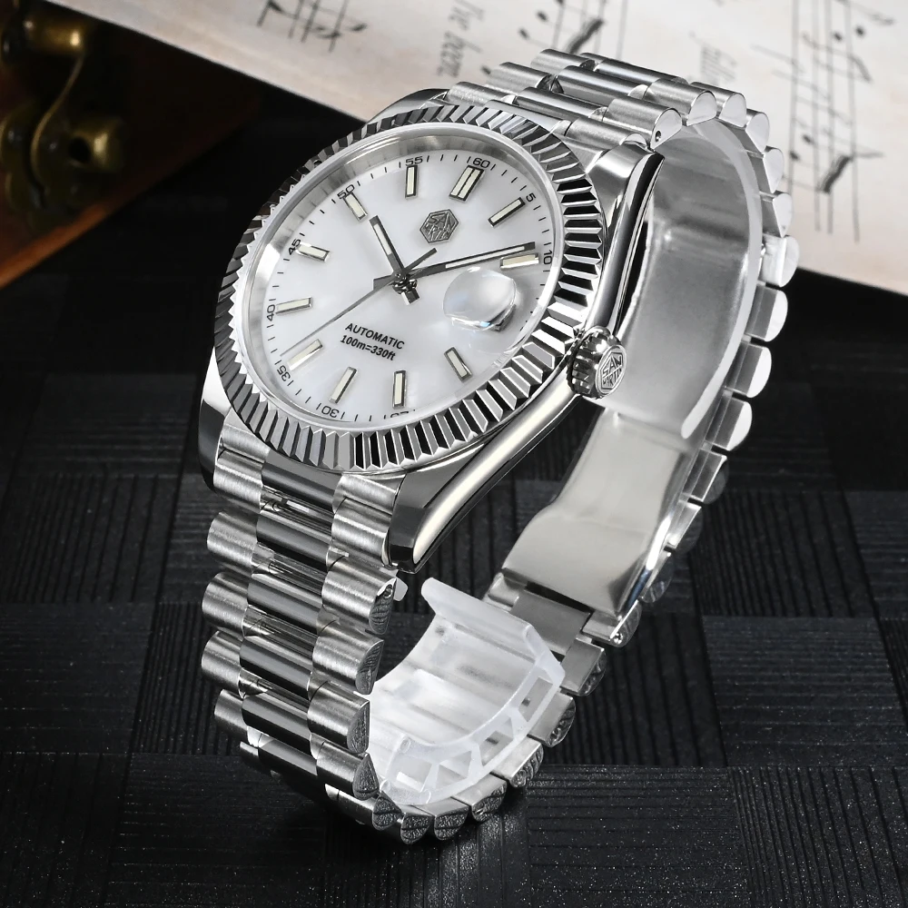 San Martin Men Watch 40mm Vintage MOP Dial Retro Business Luxury Sapphire Automatic Mechanical Watches Carving Bezel 10Bar