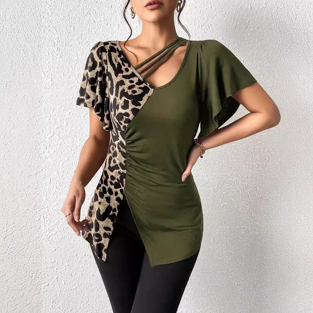 

2026 New Women's Summer Popular Leopard Print Asymmetric Collar Butterfly Sleeve Spliced Tops for Women