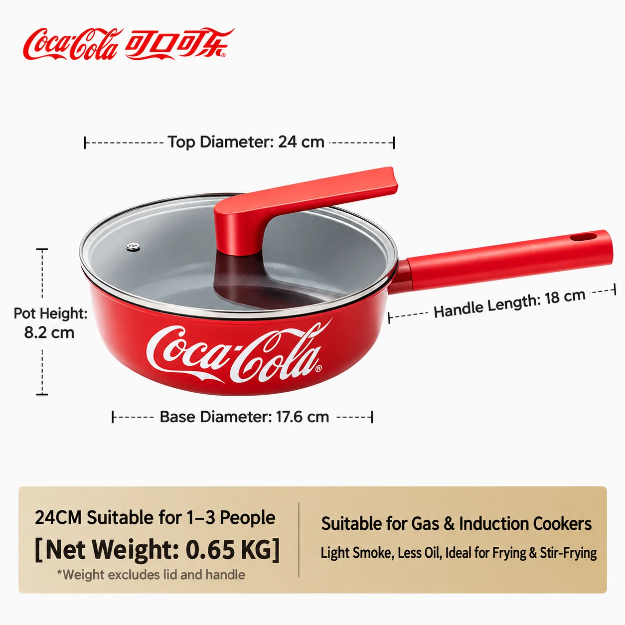 Coca-Cola 24cm antiaanbakpan met deksel, lichtgewicht titanium keramische diepe wok voor inductie- en gasfornuizen, keukengerei, cadeau