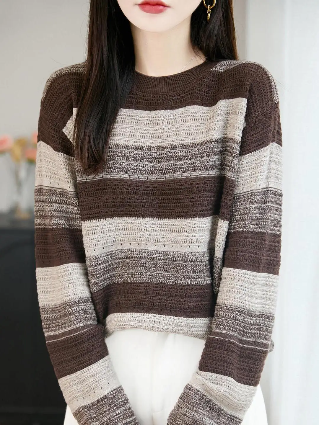 Fashionable Color Block Striped Loose Knitted round Neck Base Shirt Women's Autumn Winter Thickened Sweater Inner Wear
