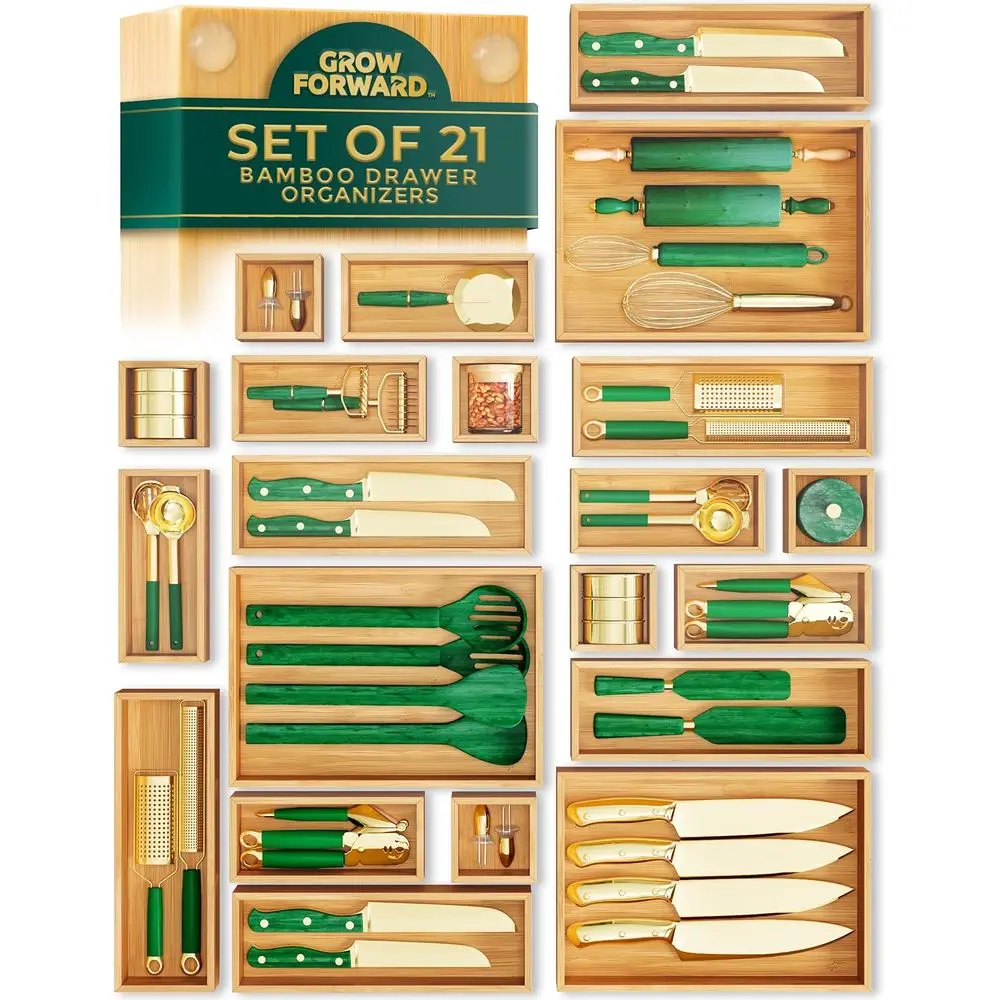 

Set of 21 Bamboo Drawer Organizers: Versatile Storage Solutions for Kitchen, Bathroom, Office, and More
