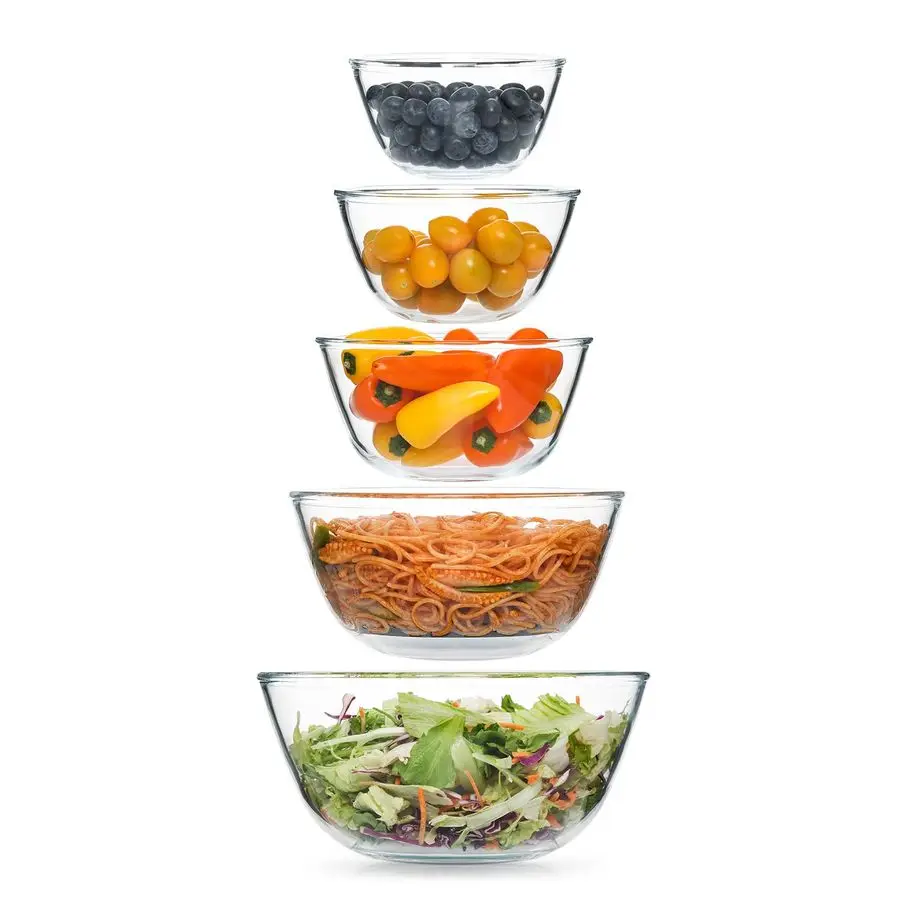 

Glass Mixing Bowls Sets 4.65QT, 2.80QT, 1.64QT, 1.16QT, 0.85QT, Glass Nesting Kitchen Thick Bowl for Baking, Cooking Prep, Stora