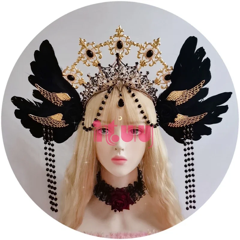 สีแดง Baroque Gothic Rose Angel Wings Halo Crown Headwear Sun Godmother's Retro Gorgeous Lolita KC Crown Headband อุปกรณ์เสริมผม