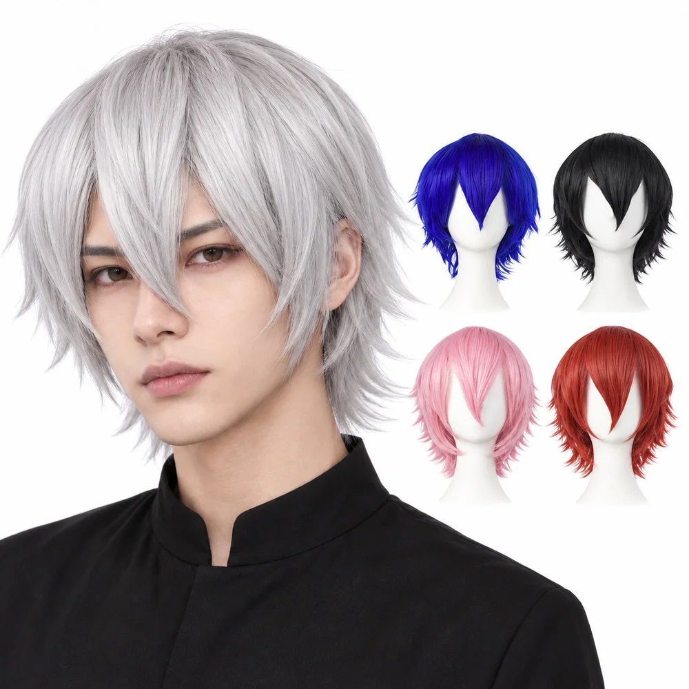 Anime Cosplay Wig Short Straight Hair Multi-color Rainbow Wig for Women Men Party Halloween Fancy Dress Up Парик Косплей