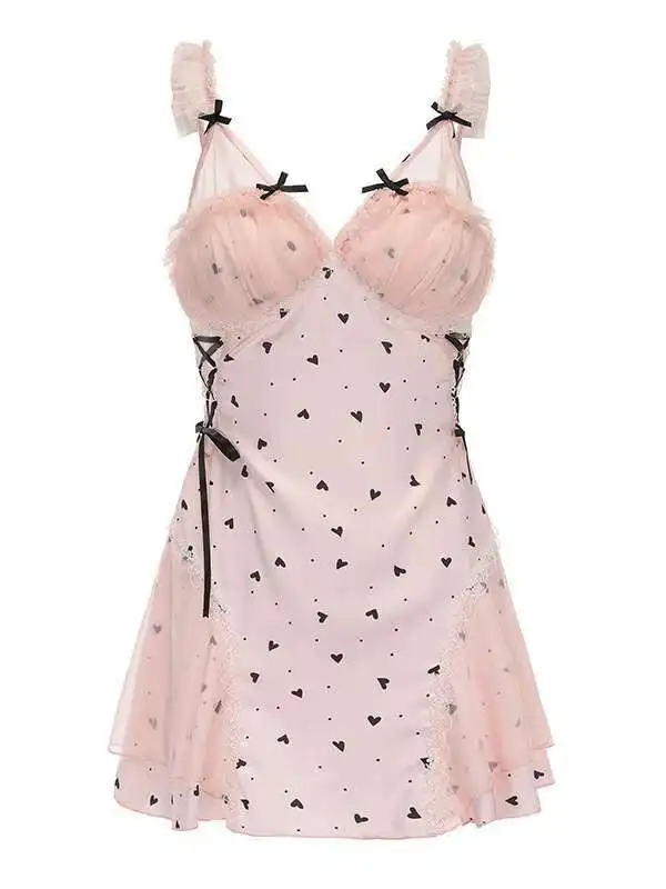 プリントサテン甘いパジャマ情熱的な純粋な欲望胸マットセクシーな睡眠スカートホーム女性セット 4902 オフホワイトベルト春 YS8H