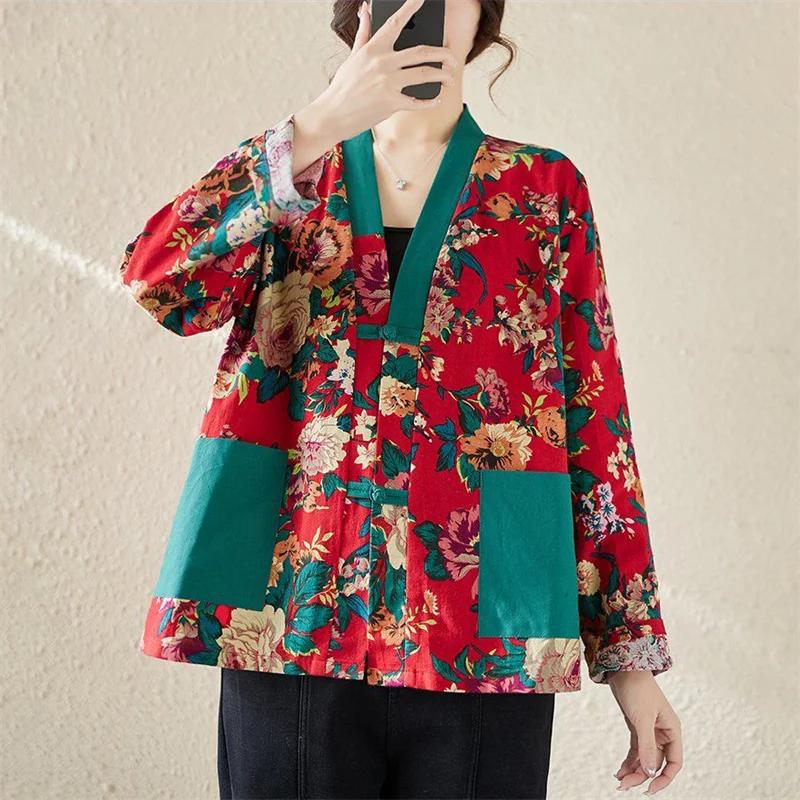 Spring Autumn Casual Jacket 2024 New V-Neck Coil Buckle Women's Clothes Top Fashion Chinoiserie Printing Female Blouse Coat