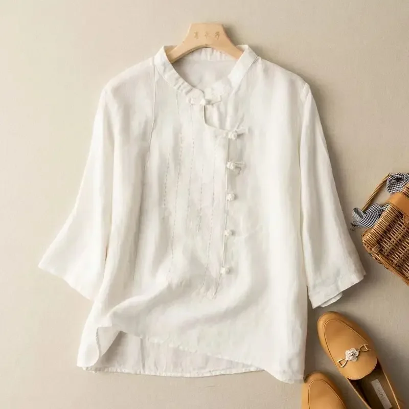 

Cotton Linen Shirts Women Design Sense Niche Vintage Shirt Button Up Three Quarter Sleeve Blouses Loose Patchwork Tshirt Summer