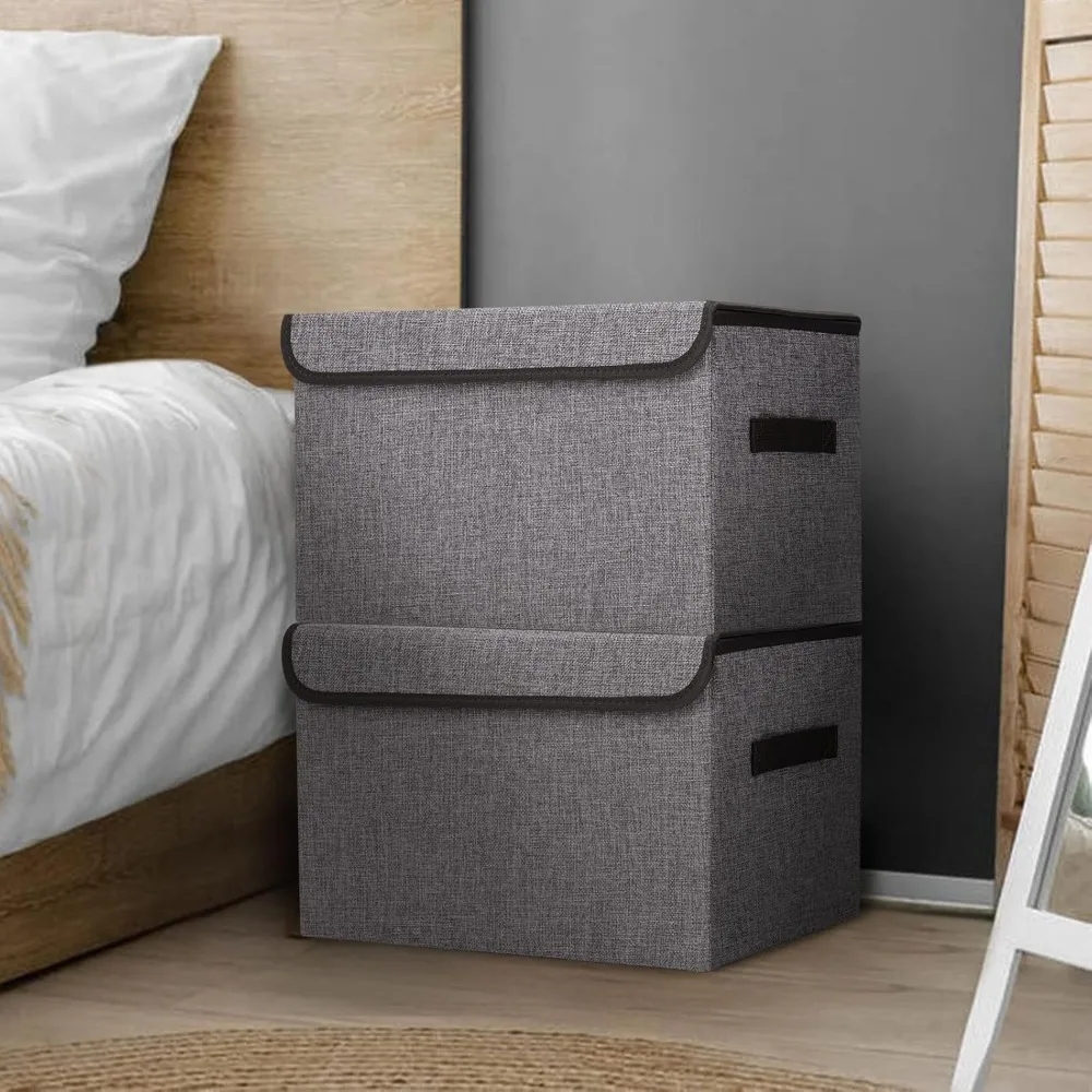 Collapsible Stackable Storage Bins with Lids Foldable Fabric Linen Boxes Cube Closet Organizer Baskets with Label for Home